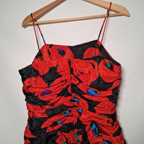 Vintage 1980s Party Dress Apostrophe 13/14 Red Black Floral Satin Sleeveless - Picture 4 of 16